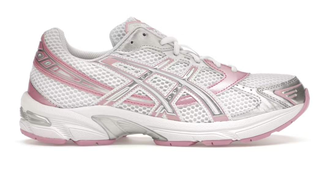 Women's ASICS Gel-1130 sneaker in white, pure silver, and pink featuring brand new deadstock condition