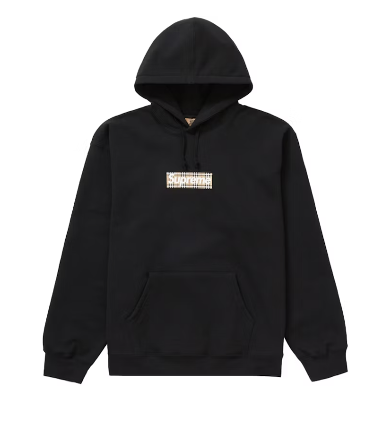 Black Supreme Burberry Box Logo Hooded Sweatshirt featuring a bold logo design and brand-new deadstock condition