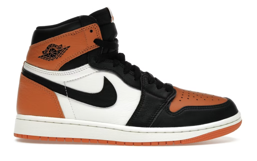 A pair of Jordan 1 Retro High OG Shattered Backboard (2025) sneakers in black, orange, and white with SKU DZ5485-008, brand new and deadstock