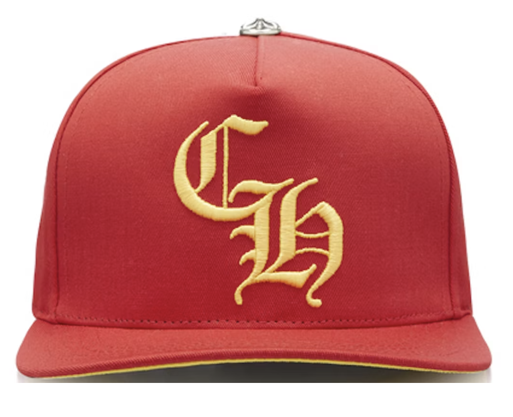 Chrome Hearts CH Silver Button Snapback Hat in vibrant red and yellow colors, brand new with deadstock condition