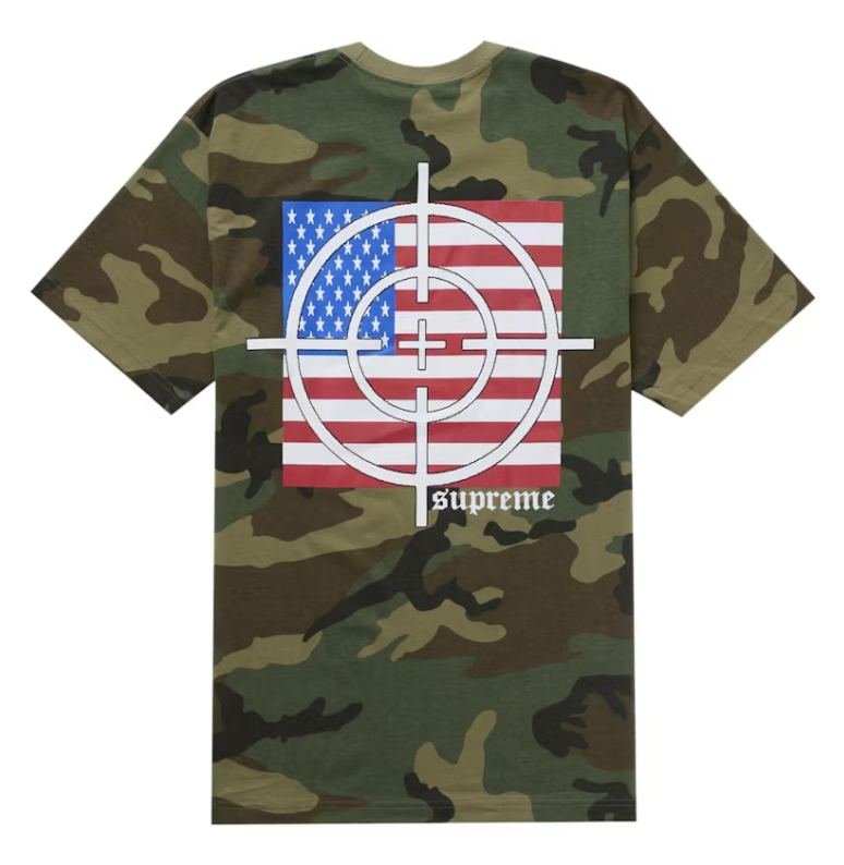 Image of the Supreme Target Tee in Woodland Camo for FW25, brand new deadstock