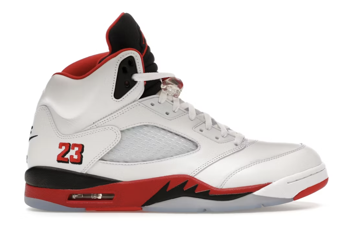 Close-up of brand new Jordan 5 Retro Fire Red with black tongue showcasing high-quality sneaker details and design