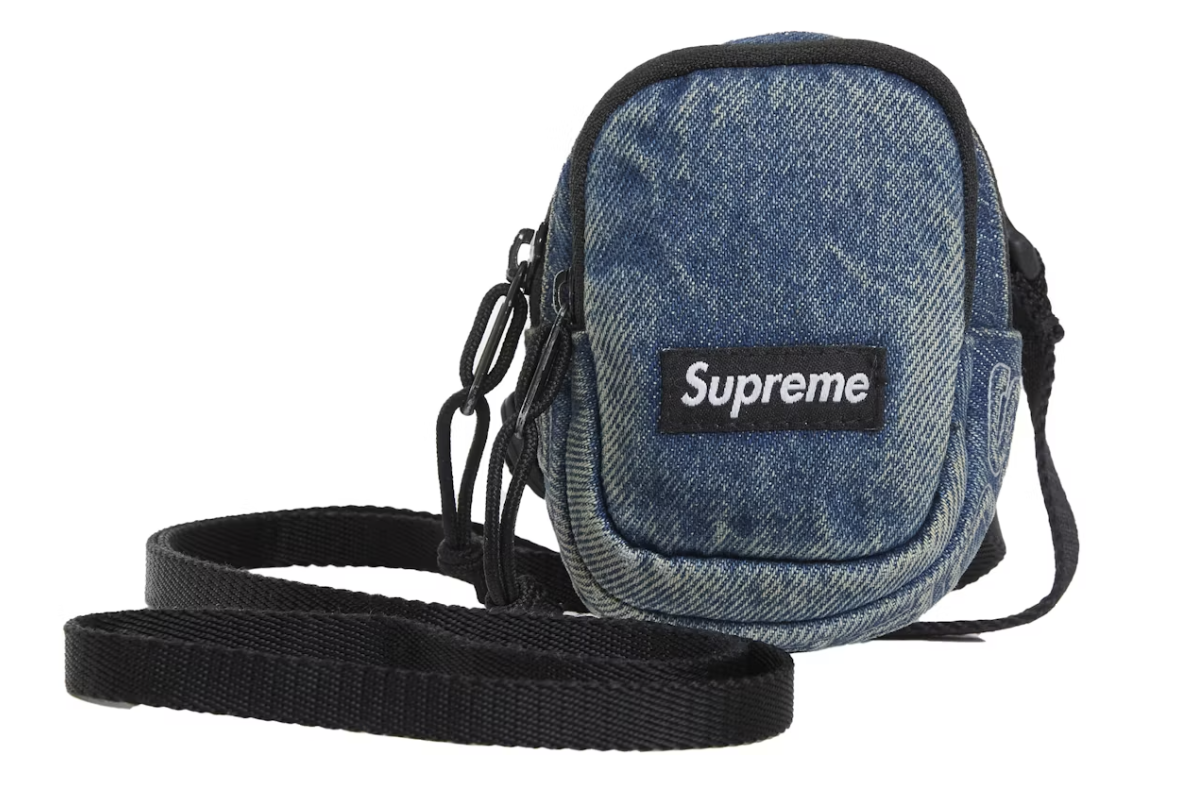 A brand new Supreme Denim Mini Utility Bag in Washed Indigo color from FW25 collection, featuring a compact design, durable denim material, and utility-style functionality