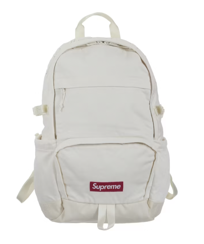 White Supreme Denim Backpack FW25 brand new deadstock for stylish casual use