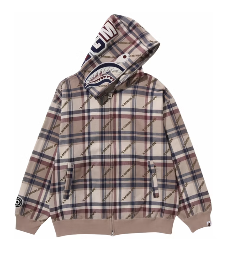 BAPE Logo Check Pattern Shark Full Zip Hoodie - Beige