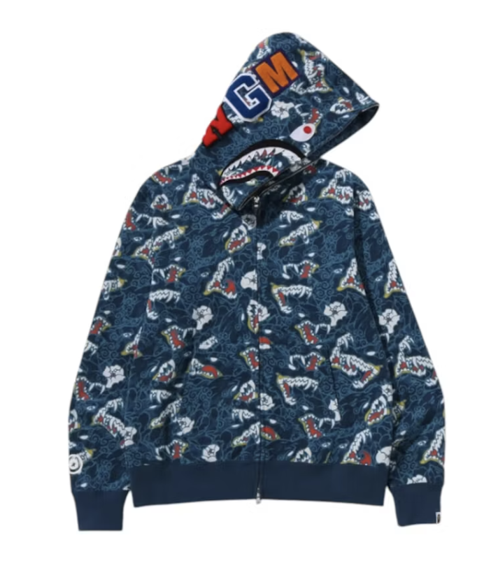 BAPE A Bathing Ape Japanese Tattoo Camo Shark Full Zip Hoodie - Blue