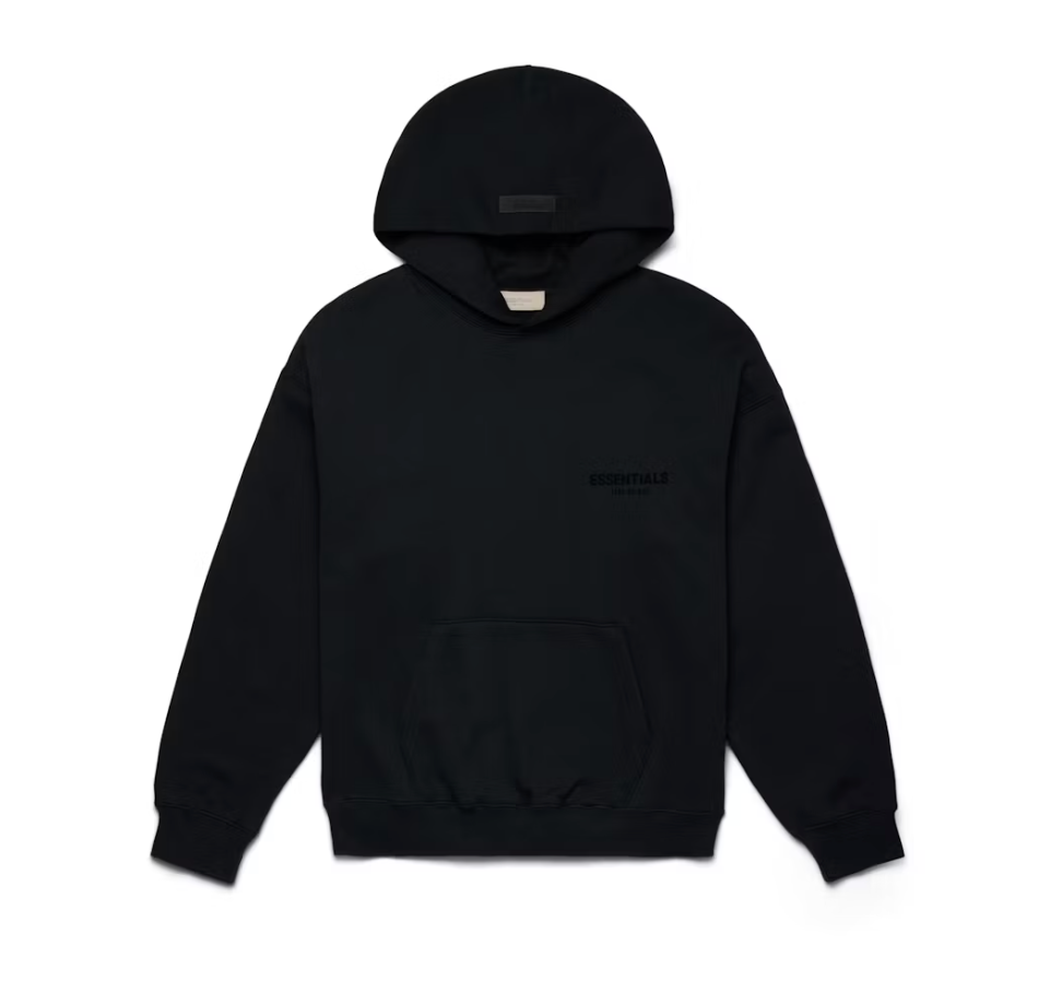 Black Fear of God Essentials Stretch Limo Hoodie (SS22) with logo