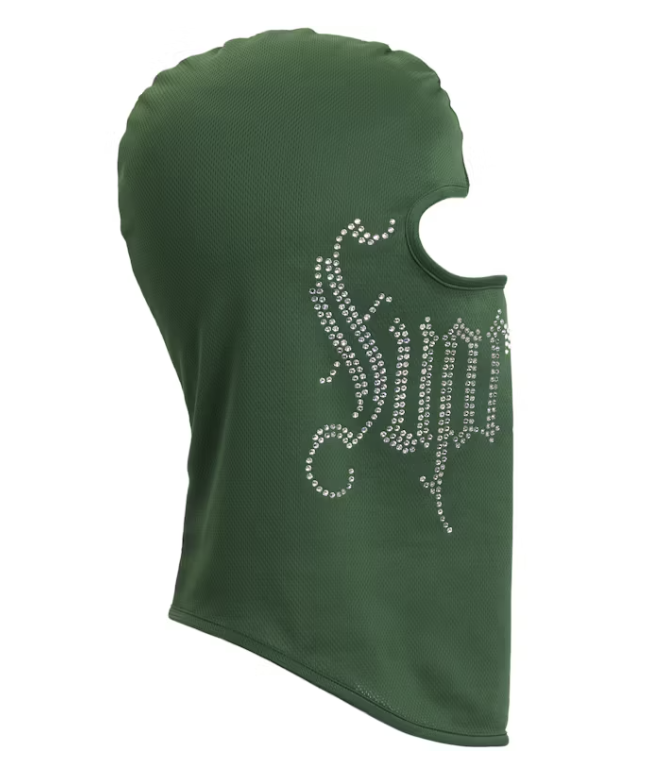 Green Supreme Rhinestone Balaclava with sparkling embellishments for fashion-forward statement