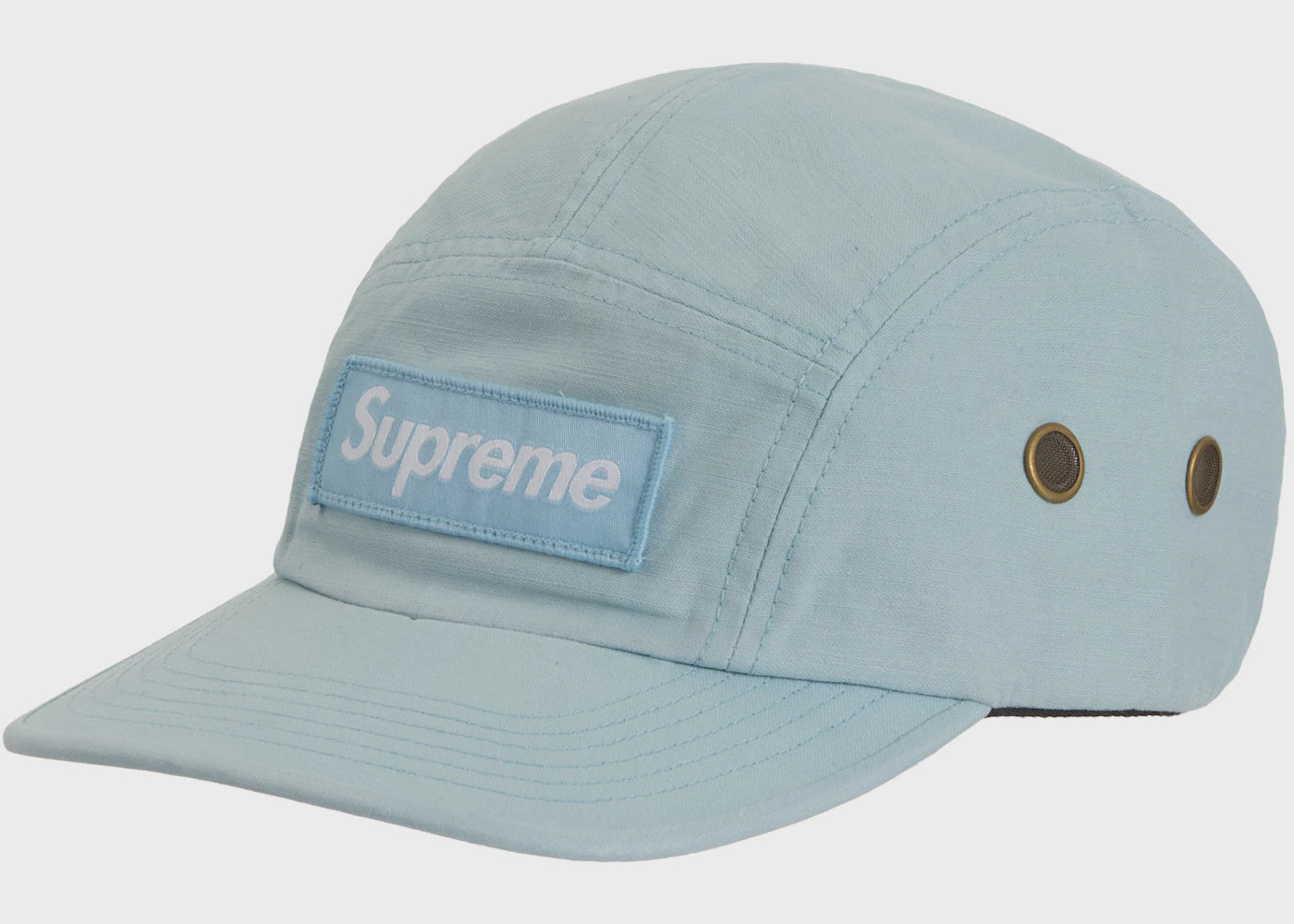 Light blue Supreme Military Camp Cap SS24 with embroidered logo