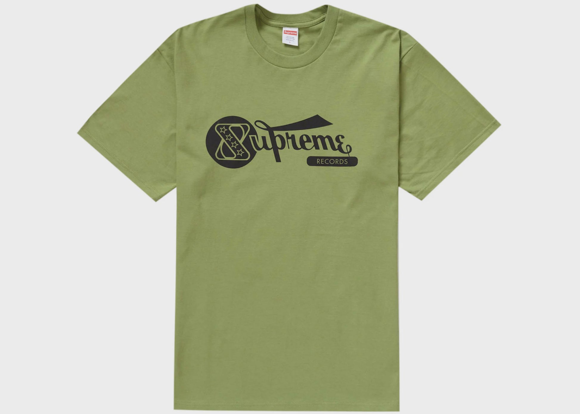 A moss green Supreme Records Tee with a vintage-inspired design