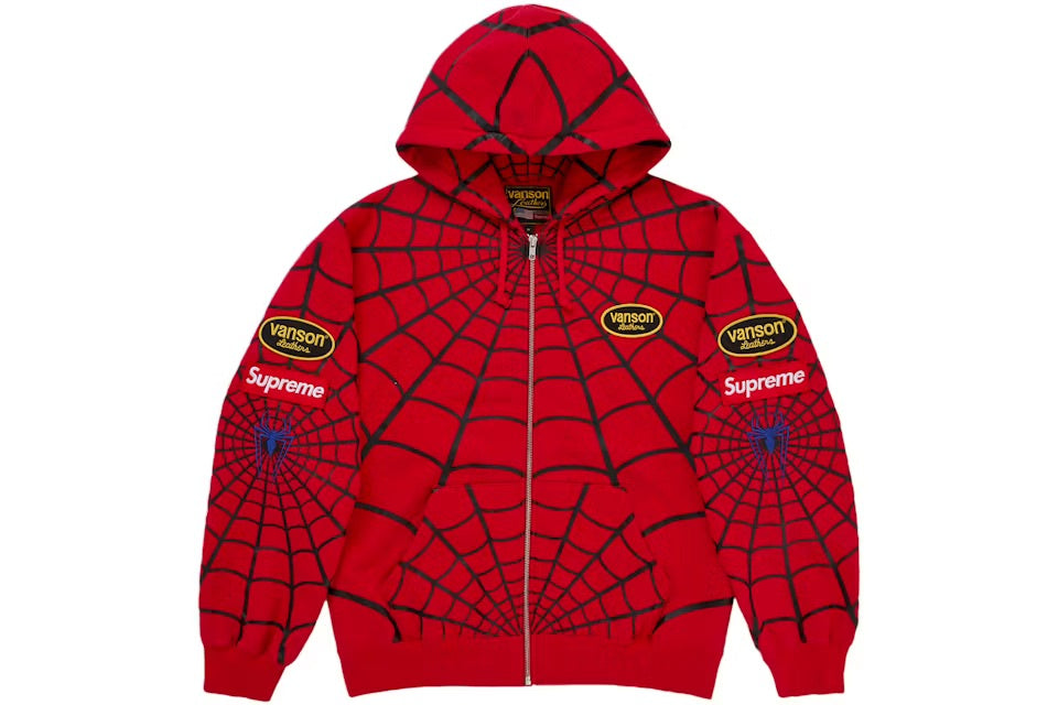 Supreme Vanson Leathers Spider-Man Zip Up Hoodie - Red (SS26)