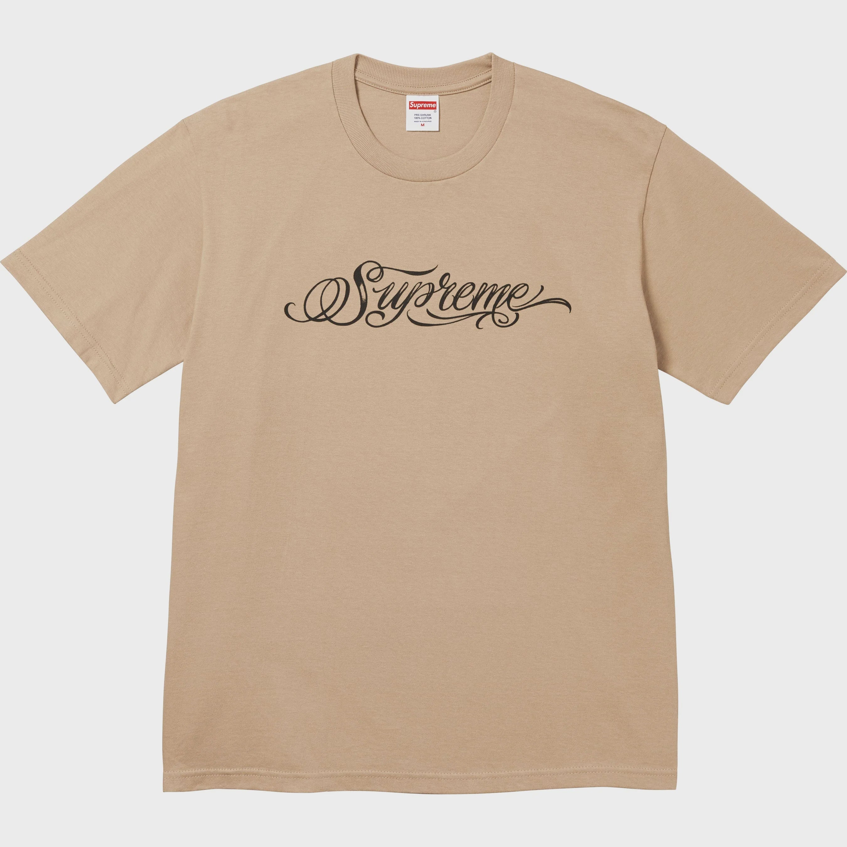 Supreme Script Tee in Khaki from Fall/Winter 24 Collection, stylish and versatile