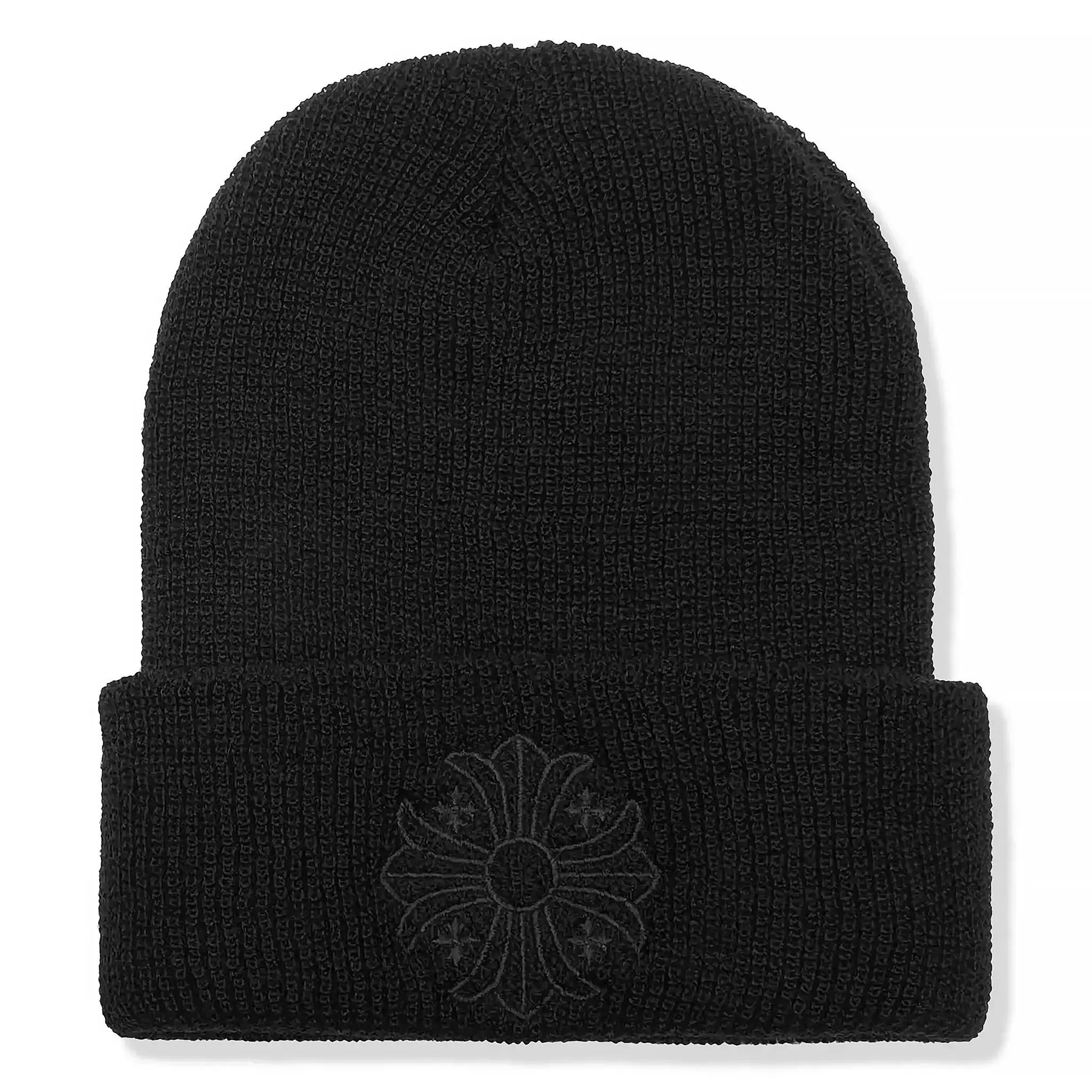 Black beanie with cross design by Chrome Hearts, perfect for winter