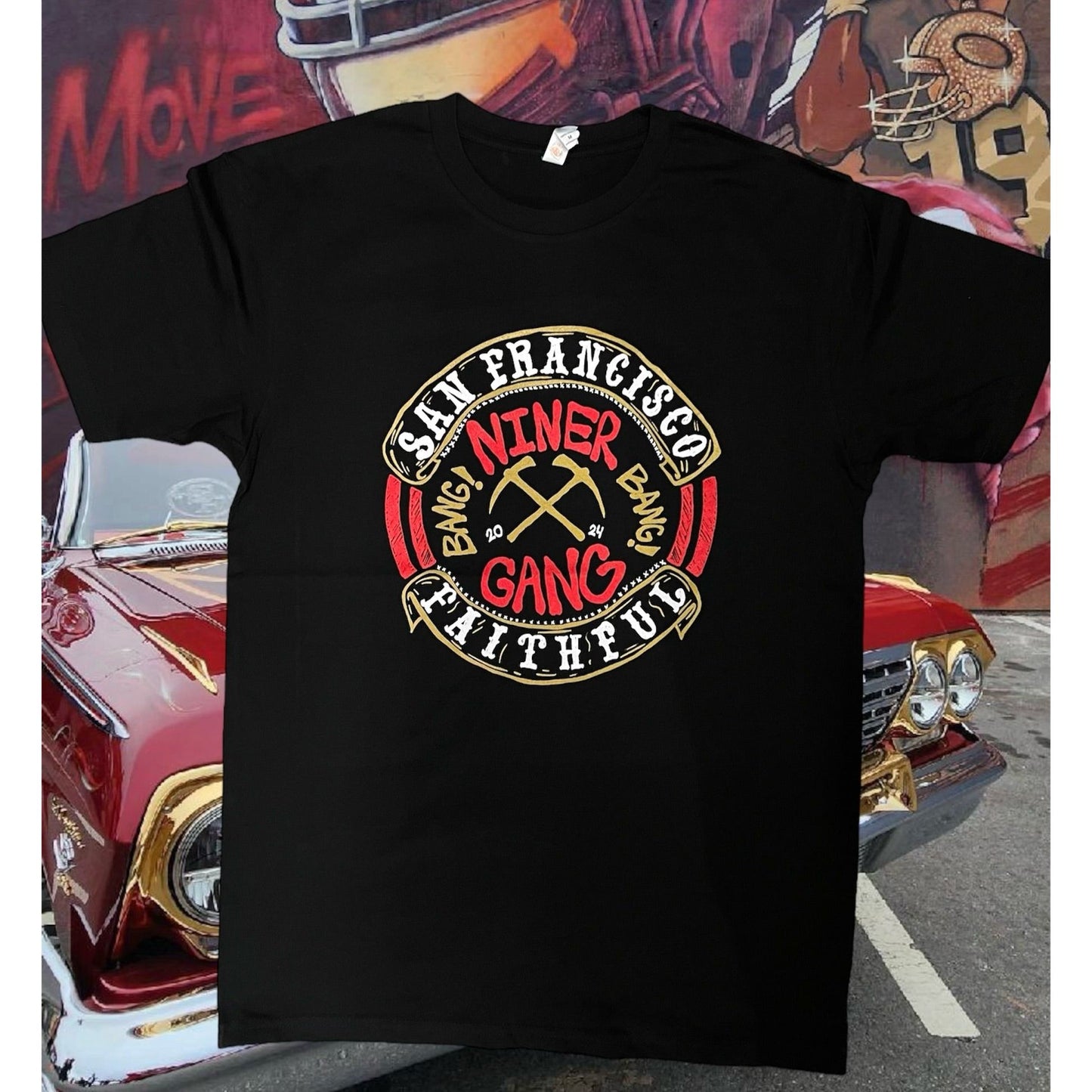 Black t-shirt with 'SF Faithful Niner Gang 2024' design for youth