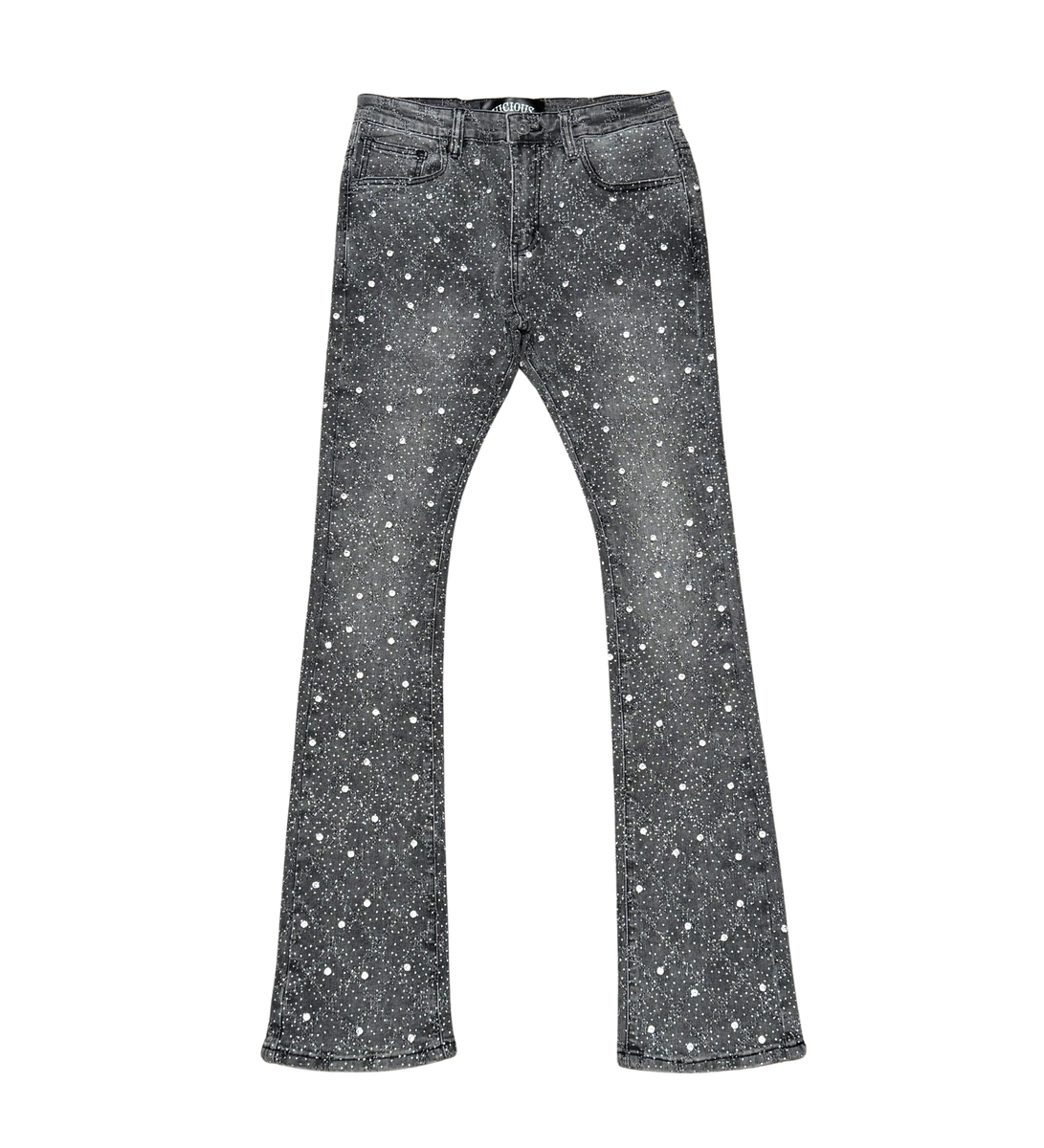 Vicious Grey Embellish Rhinestone Denim Flare Jeans with stylish rhinestone embellishments 