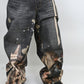 Close-up of Amor Jeans RM203B digital print black baggy jeans highlighting detailed fabric and length
