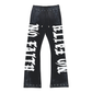 Rare Peace "No Faith" Rhinestone Black Washed Stacked Jogger