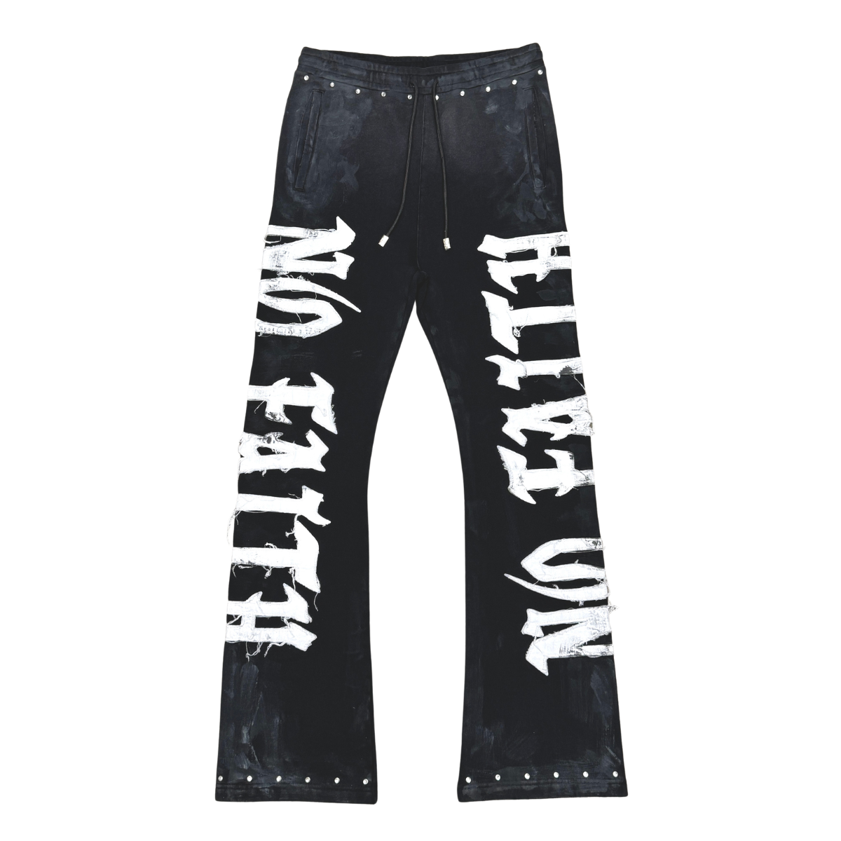 Rare Peace "No Faith" Rhinestone Black Washed Stacked Jogger