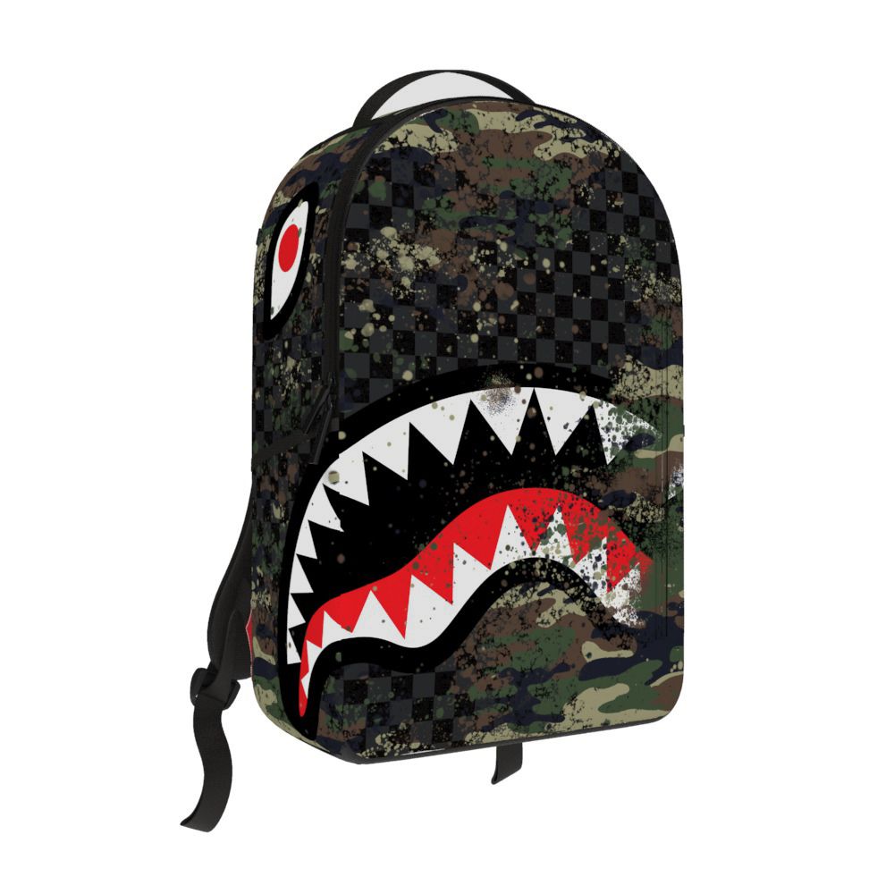 Sprayground Camo Splash Backpack featuring a vibrant camouflage design and durable PVC material