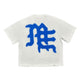 A white and blue rhinestone t-shirt featuring the phrase Emotions Never End with mixed emotion design