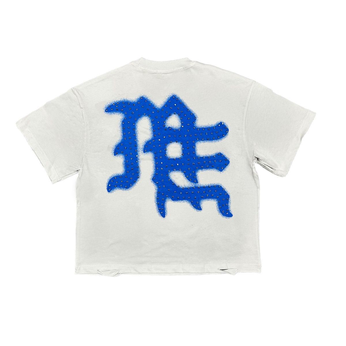 A white and blue rhinestone t-shirt featuring the phrase Emotions Never End with mixed emotion design