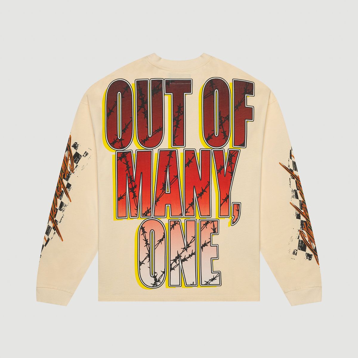 Front view showcasing bold ALL GAS, NO BRAKES slogan and artistic design around the crown area of the Godspeed Long Sleeve shirt