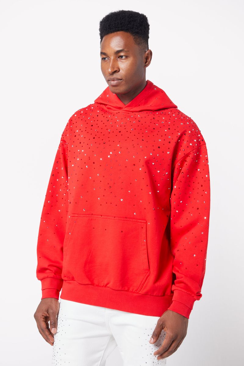 Guapi Blood Red Embellished Hoodie with Intricate Beadwork and Hood Detail