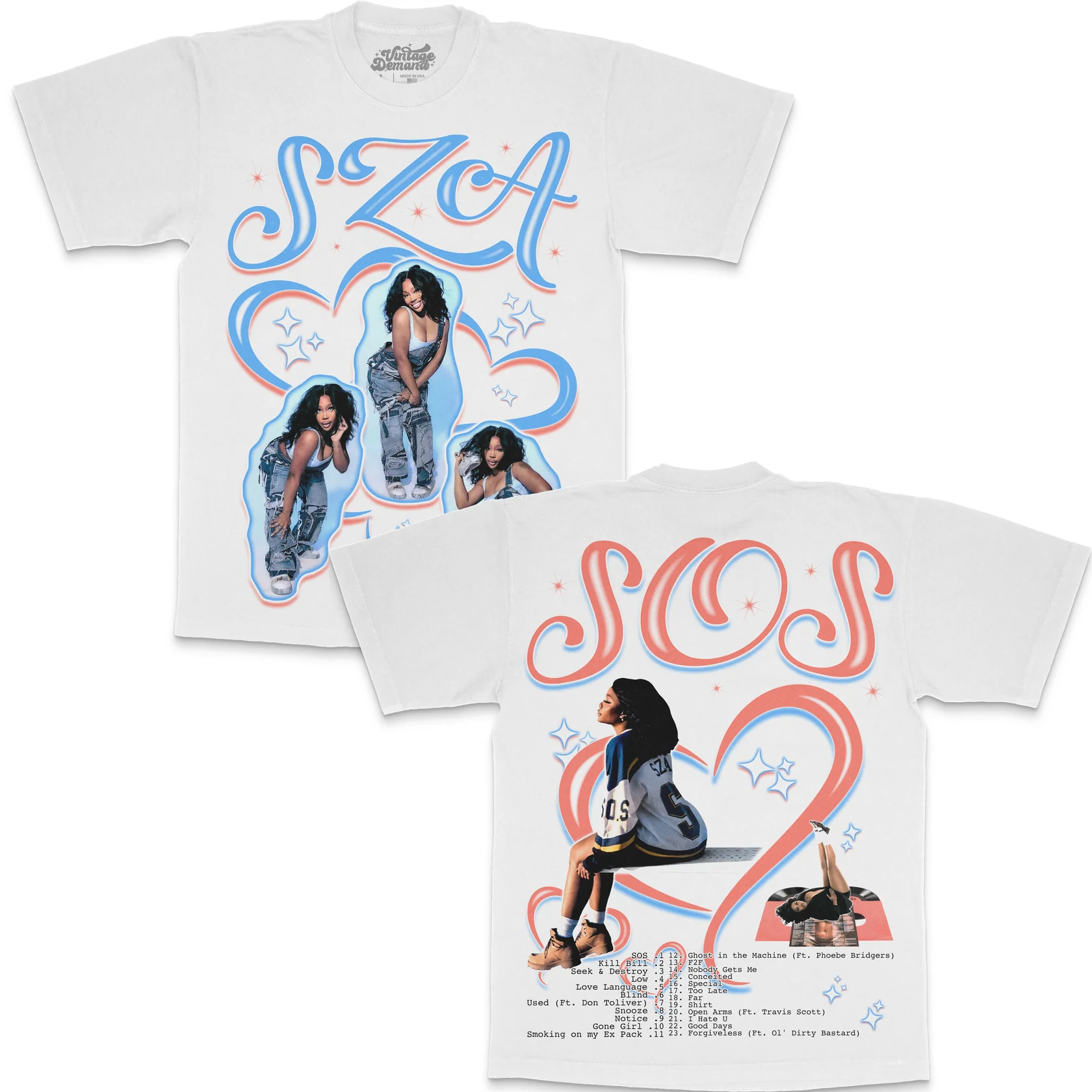 Vintage Demand SZA white tee featuring jumbo print, dropped shoulders, and 100% cotton fabric