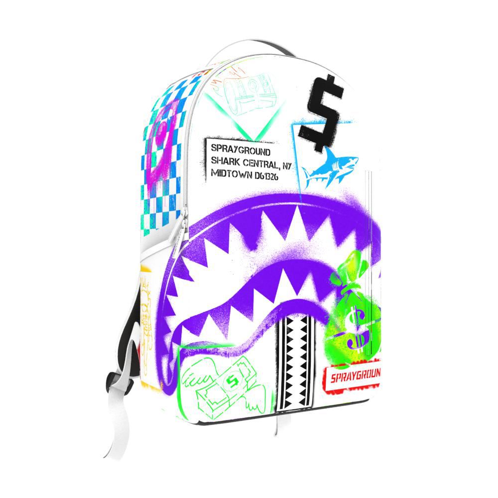 Backpack featuring Sprayground Shark Central Stencils design in white color with PVC material