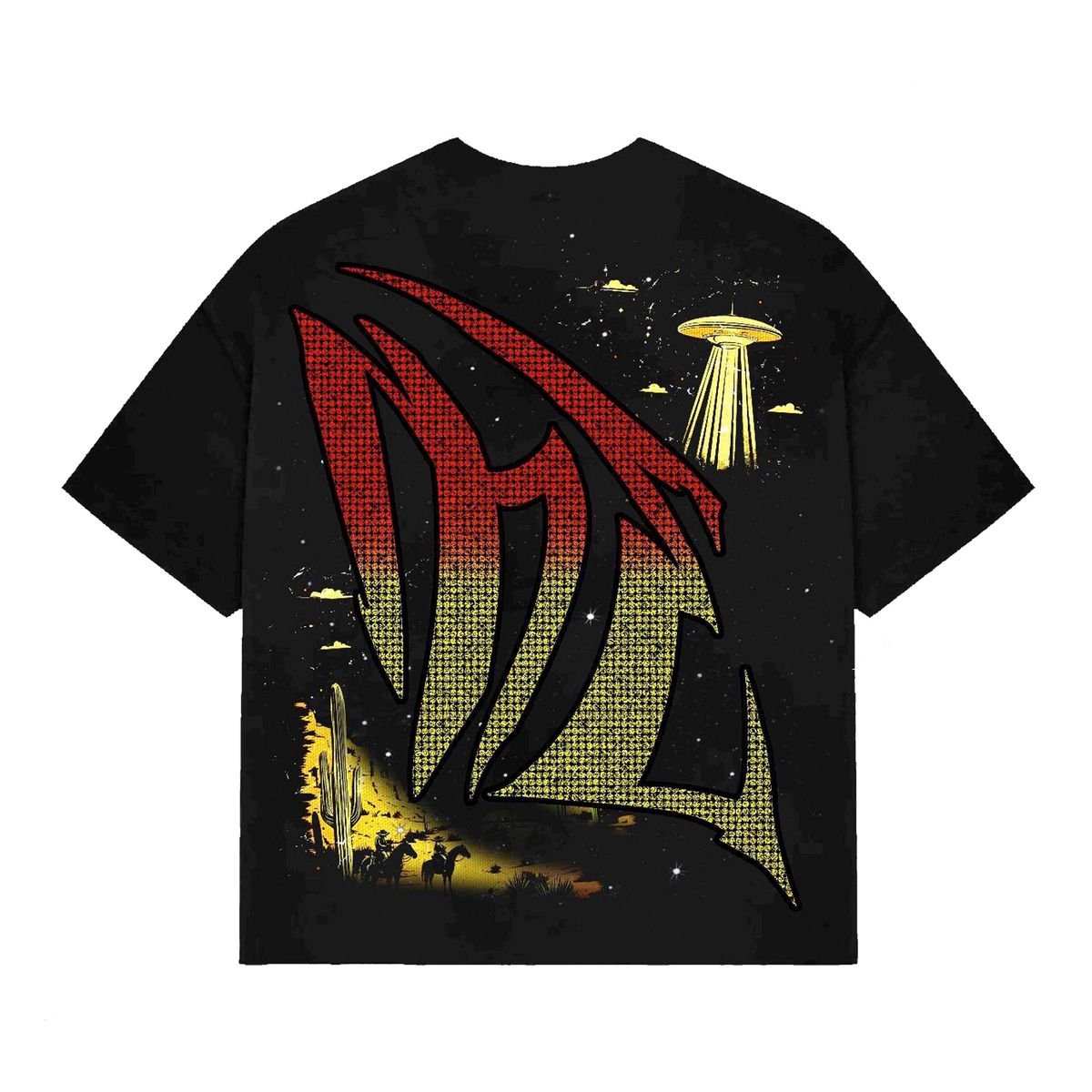 Close-up of the Ranger rhinestone design on the black Mixed Emotion T-shirt showing intricate sparkling details