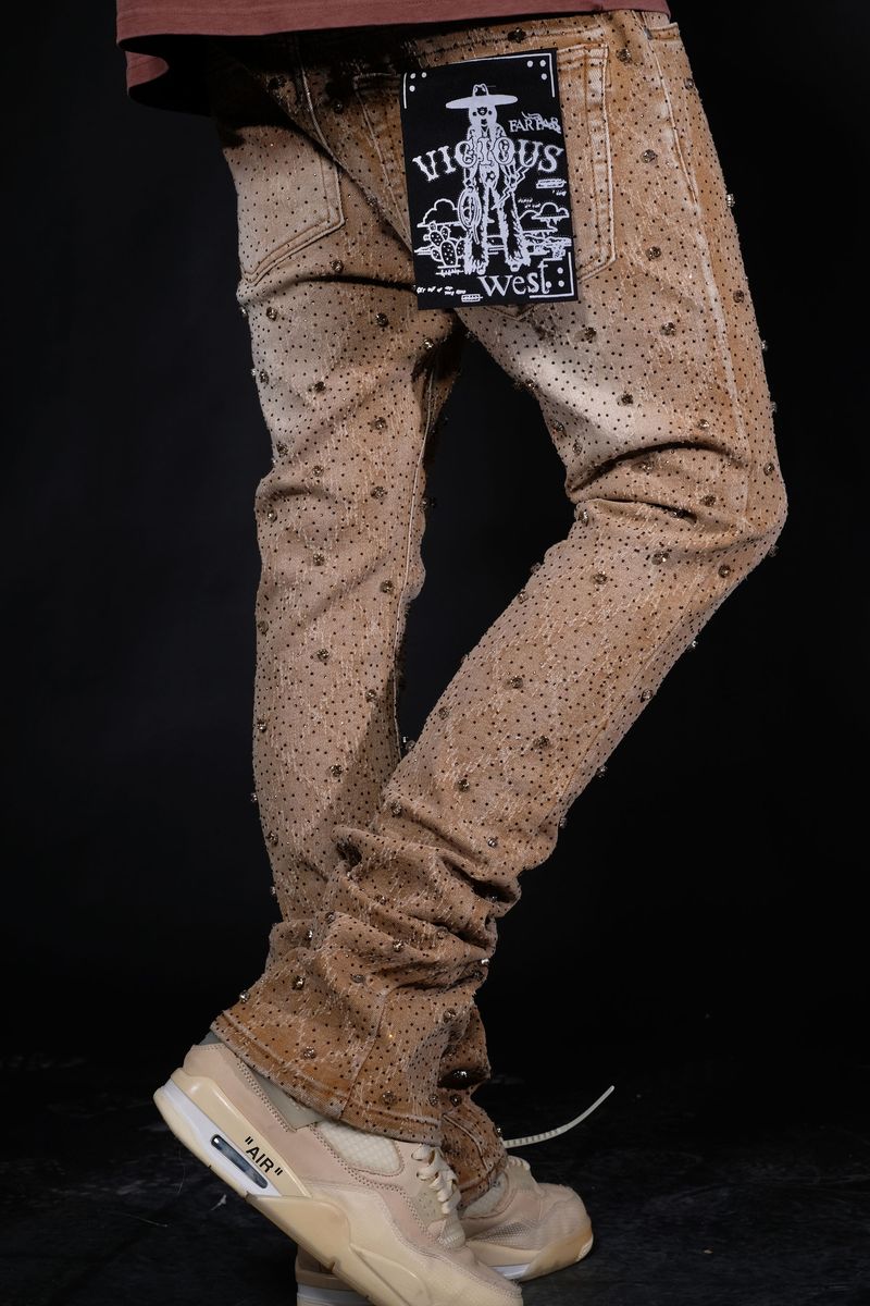 High-quality Vicious Embellished Tan Flared Denim Jeans