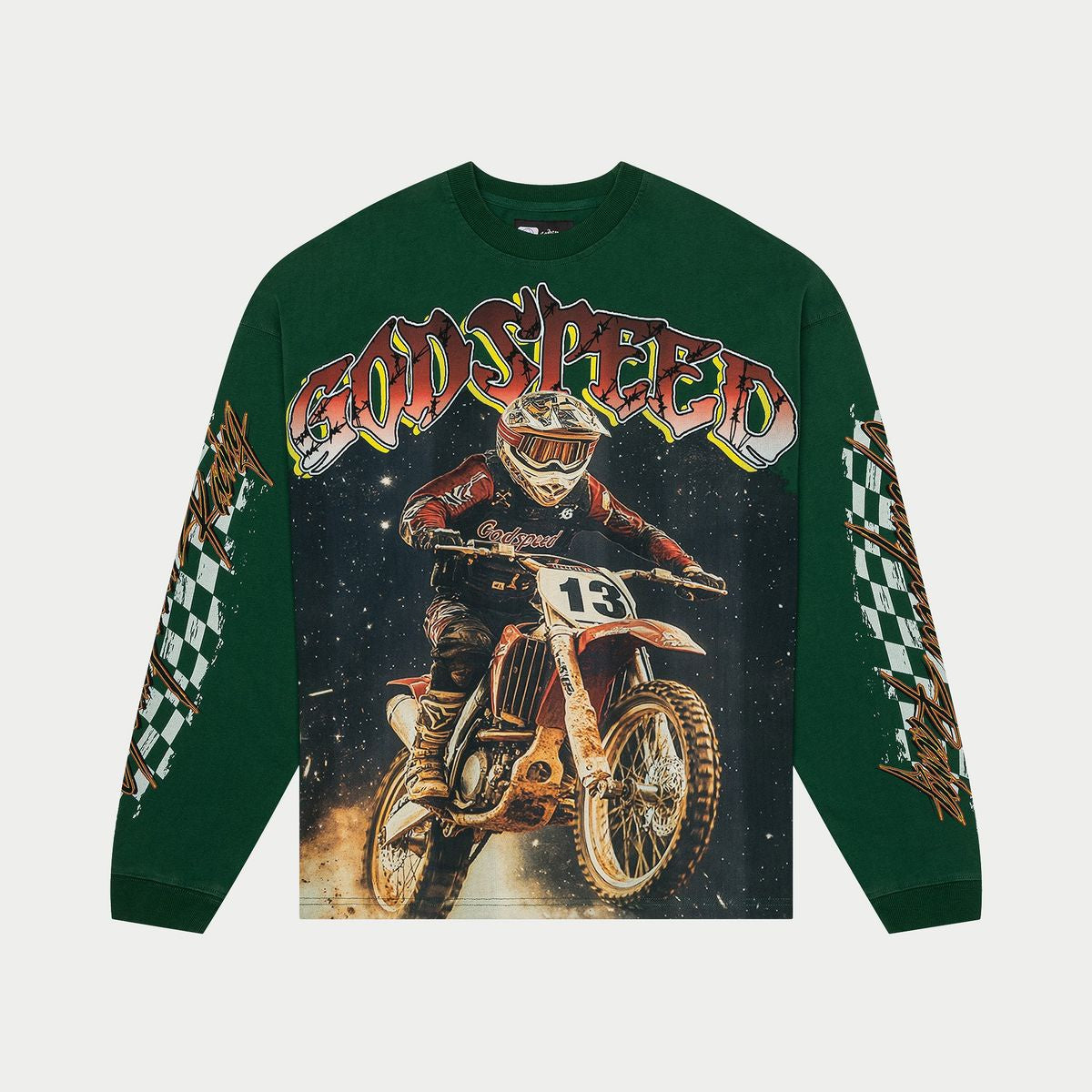 Crafted from 10oz washed fabric, green Godspeed Full Throttle Long Sleeve with bold graphic design