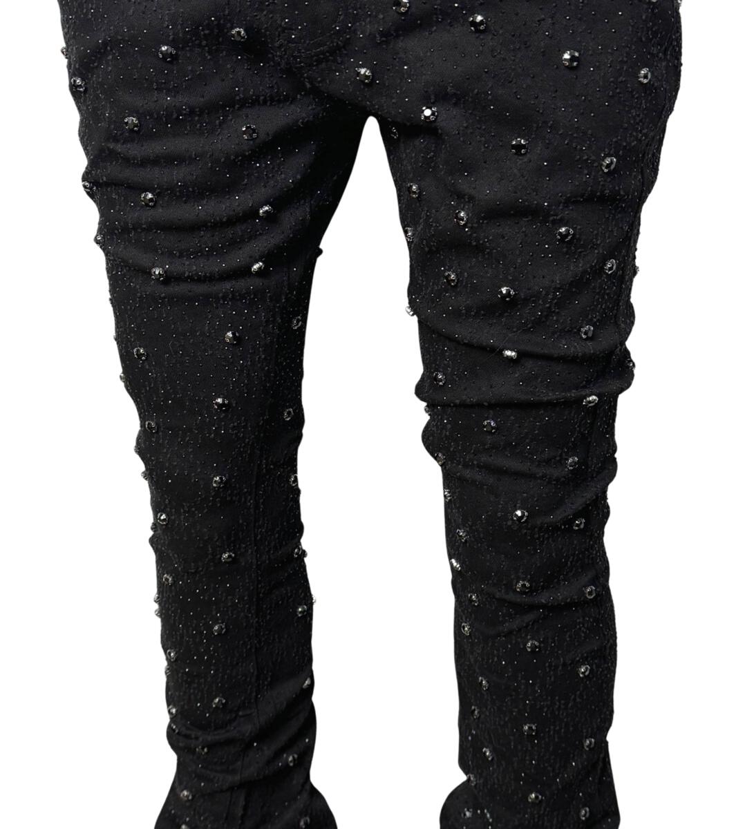 Vicious Embellished Black Flared Denim Jeans with Rhinestone Accents and Distressed Detailing