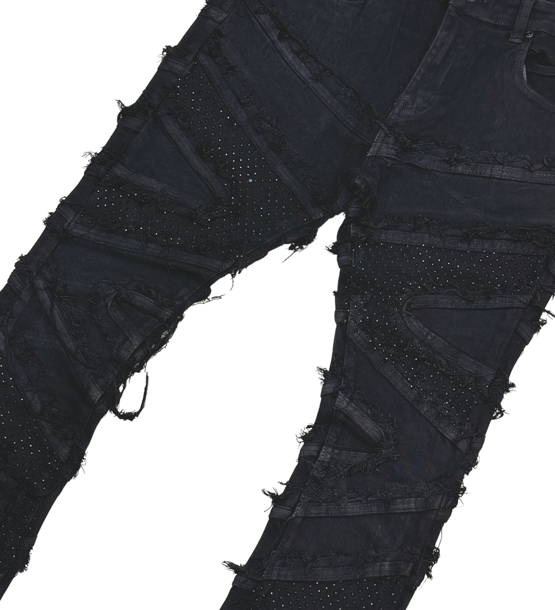 Vicious VC662 black flared jeans featuring scrolling embellishments and stone details for a trendy appearance