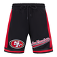 Close-up of the Pro Standard San Francisco 49ers athletic shorts showing the red and black fabric details