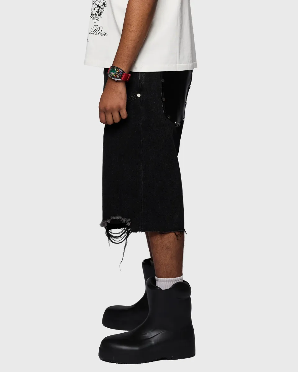 Homme + Femme "Arsenal" Studded Denim Shorts - Black