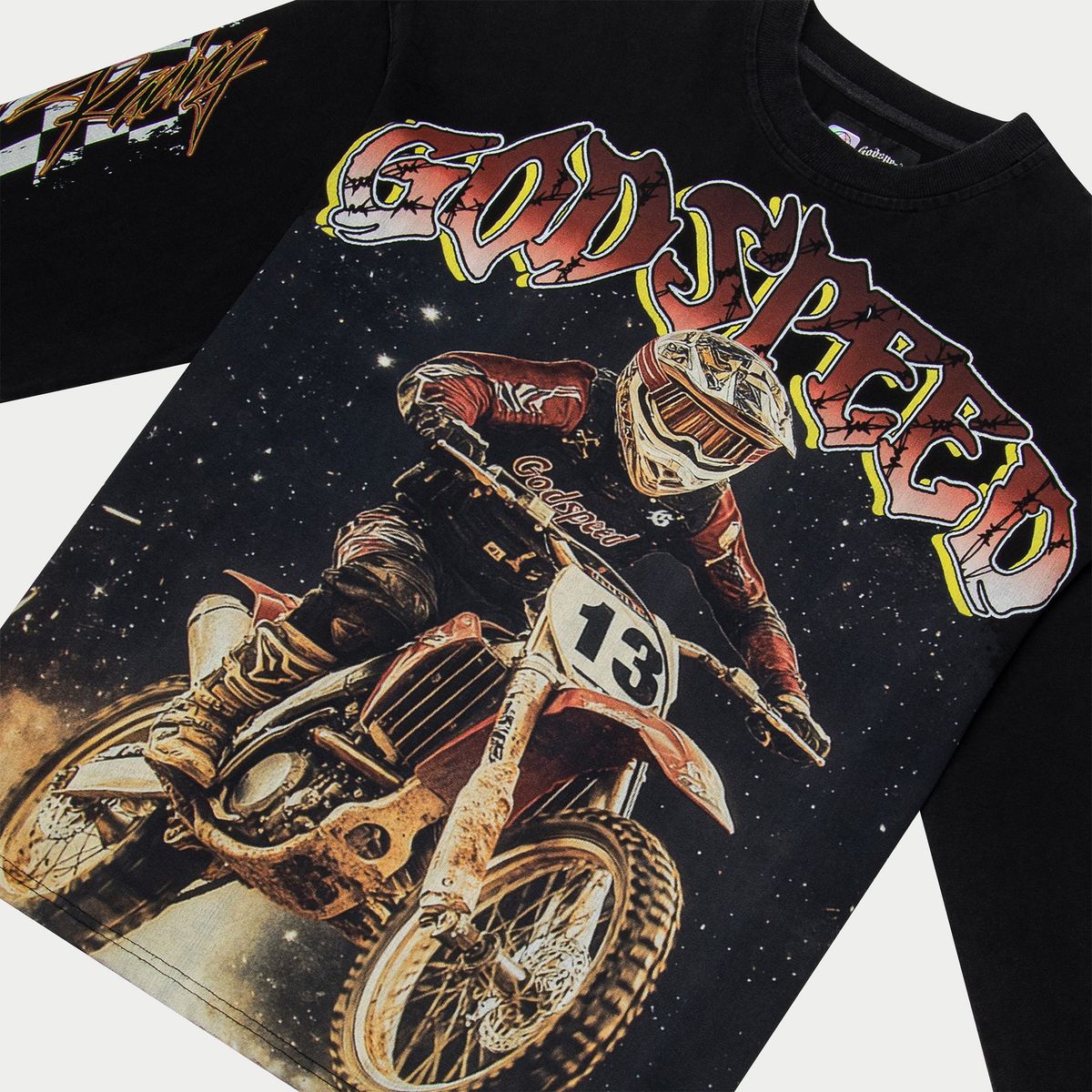 Long sleeve shirt in black wash featuring detailed artwork, limited to 444 pieces, with a mid-weight 10oz fabric and decorative stones around the crown
