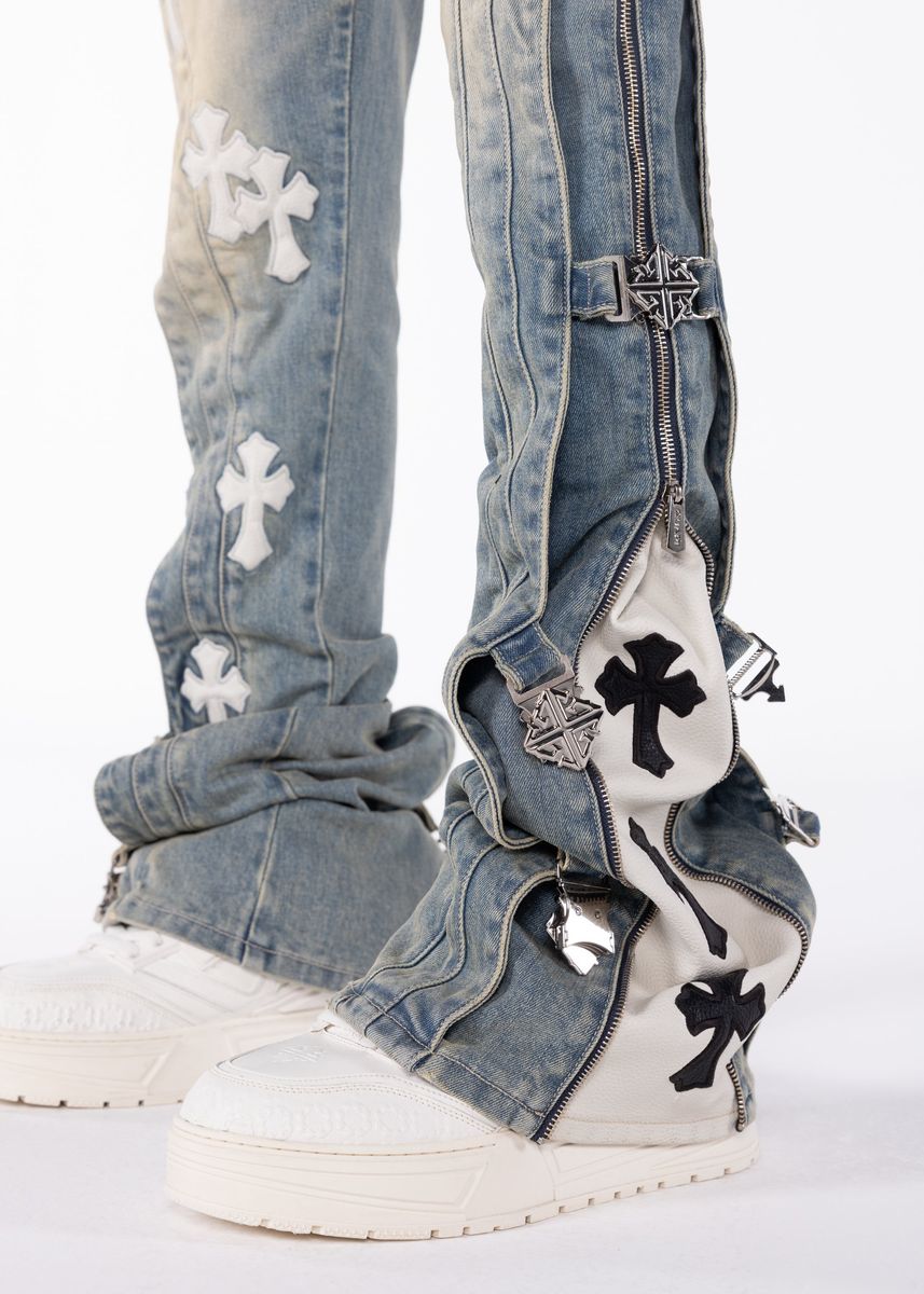 Guapi Vintage Blue Cross Buckle Denim Jeans