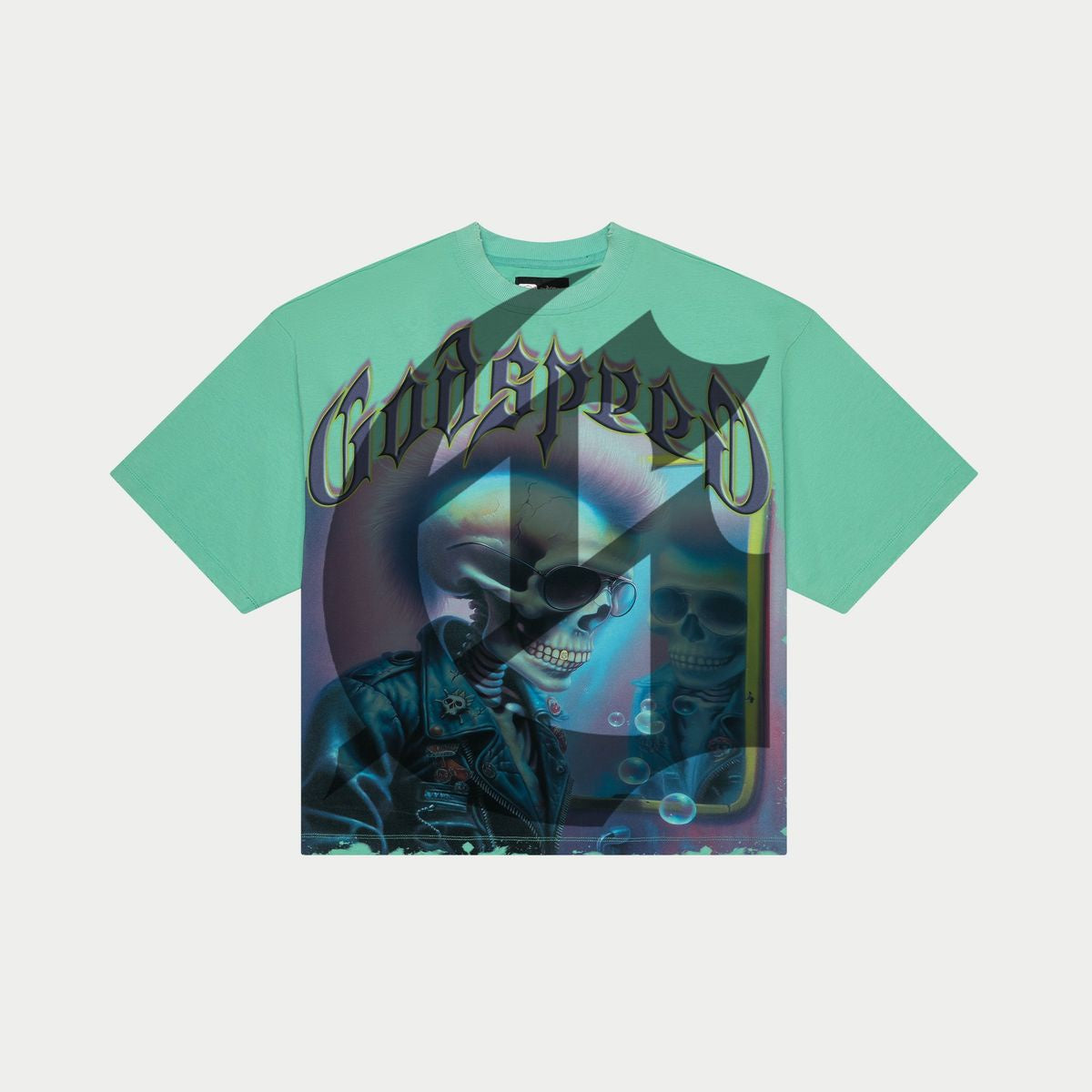 A teal Godspeed Man In The Mirror T-Shirt made from 10oz mid-weight washed fabric with a striking graphic design and limited to 444 numbered examples