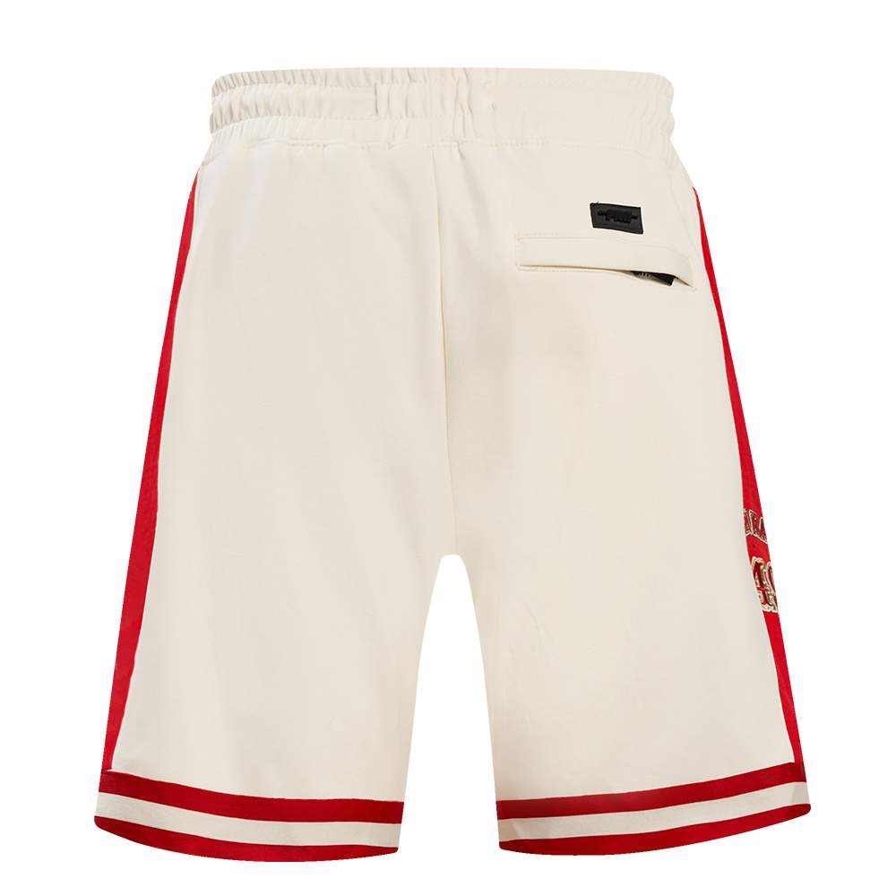 Retro style San Francisco 49ers shorts with classic branding and color scheme