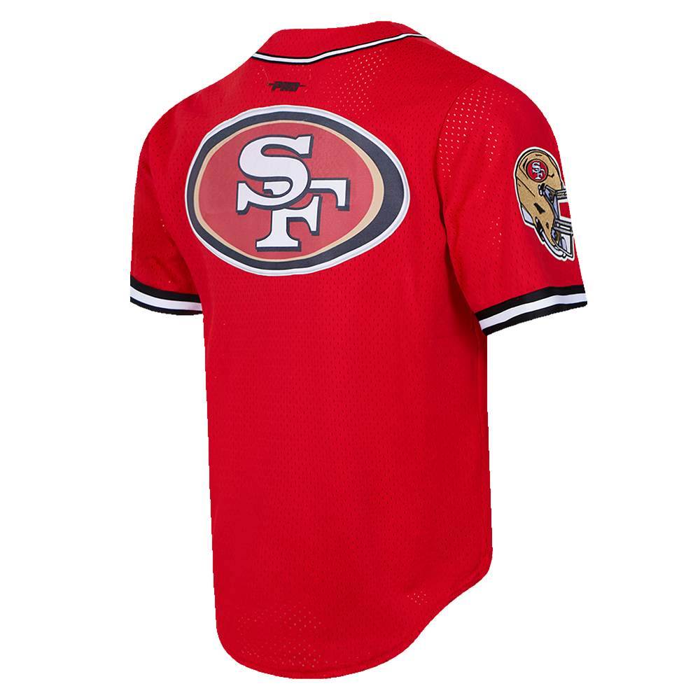 Pro Standard San Francisco 49ers Script Tail Mesh Button Up Jersey in red and black, featuring the team logo and official colors