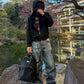 Wideboy Hardware Denim jeans in blue with relaxed fit, graphic print, and sandblast wash finish