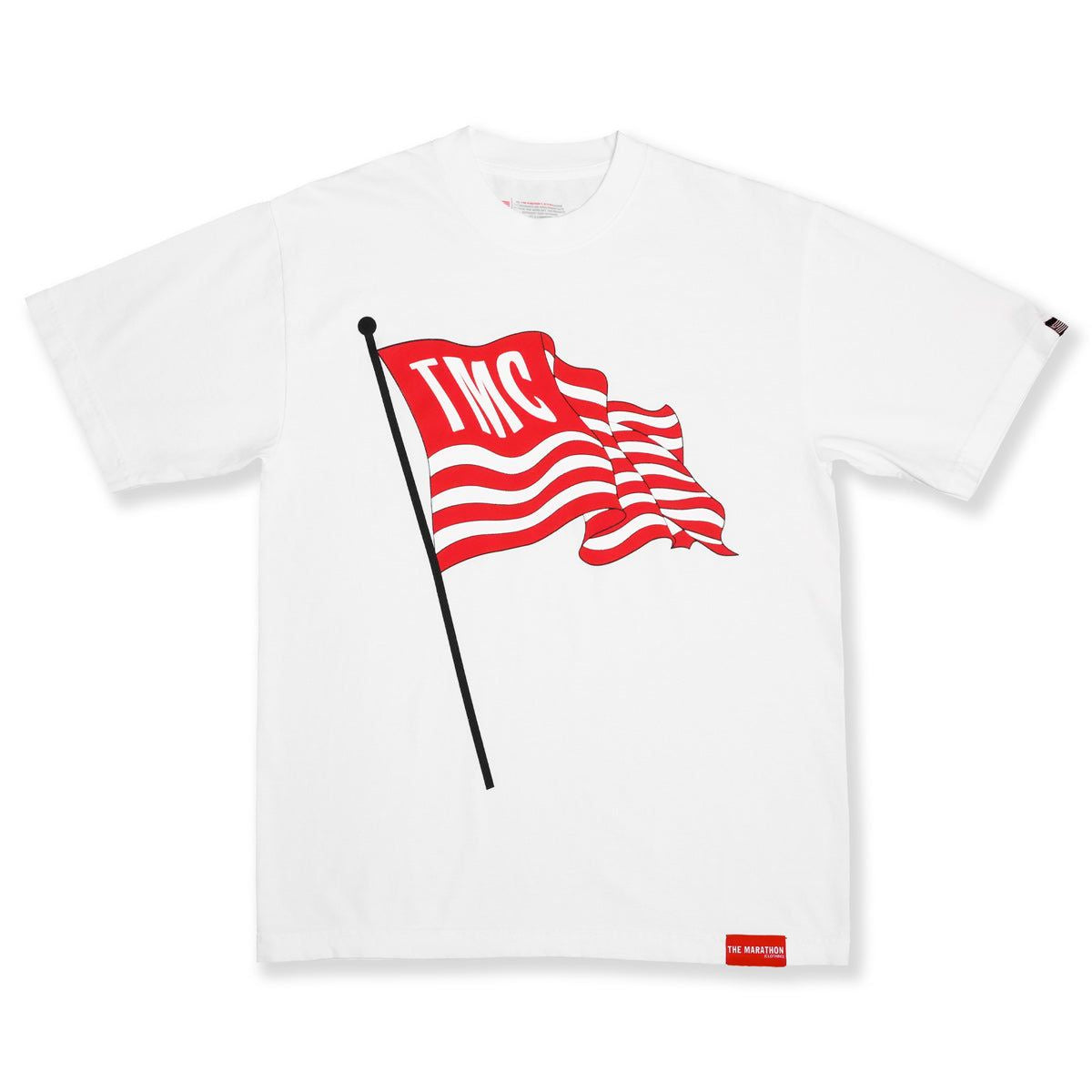 A white crewneck T-shirt featuring a high definition screen print, woven TMC flag on the sleeve, and a marathon stacked logo at the back neck, made from 75 oz heavyweight 100% cotton with ultra fit double stitched neck ribbing