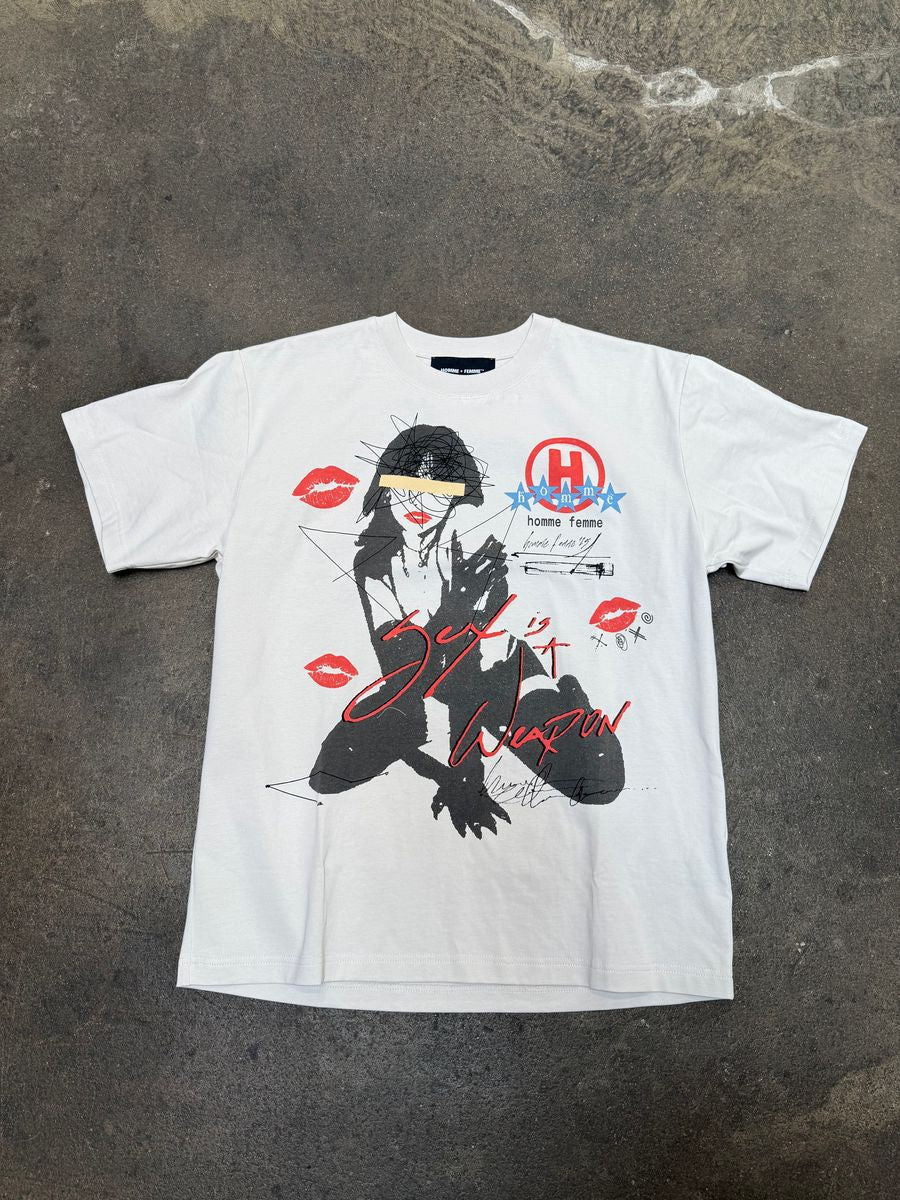 A white T-shirt featuring the Sex Weapon design for both men and women, model HFSS202599-1