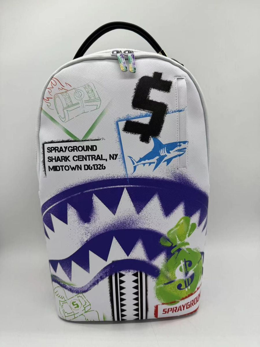 White Sprayground Shark Central Stencils Backpack showcasing 18-inch height and 115-inch width with durable PVC construction