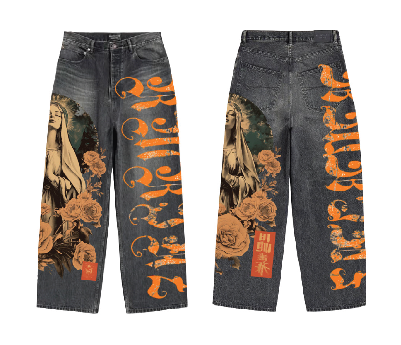 Amor Jeans Digital Print Black Baggy Jeans (RM201B)