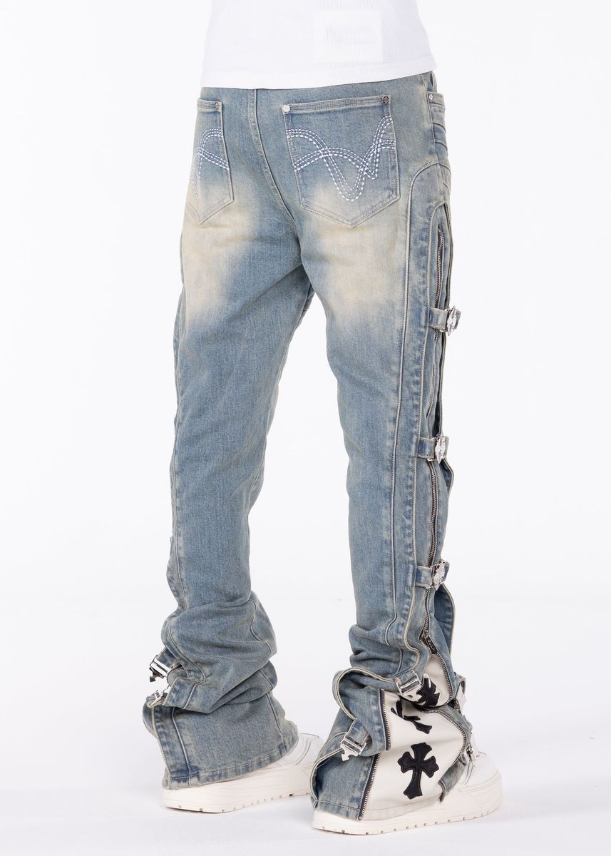 Guapi Vintage Blue Cross Buckle Denim Jeans