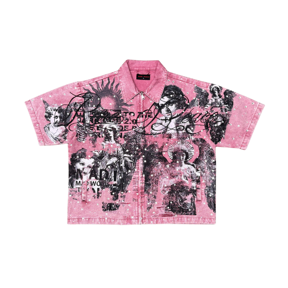 Rare Peace "All Over Angel" Rhinestone Dust Pink Zip Down Shirt (RJ6062)