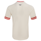 Detail of the fabric texture and stitching on the 49ers Retro Classics tee in eggshell and red