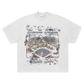 White graphic T-shirt for men and women featuring a colorful carnival motif and standard fit